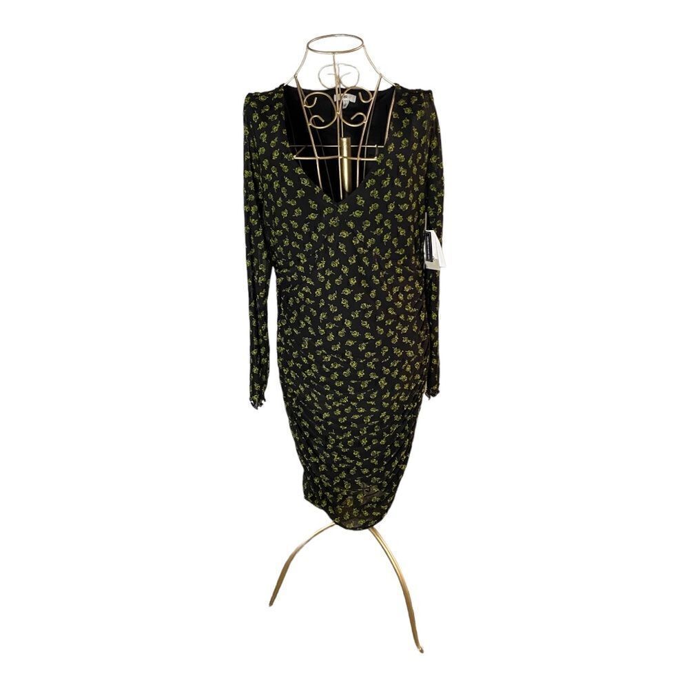BP Ruched Long Sleeve Green Floral Bodycon Dress Size L NWT